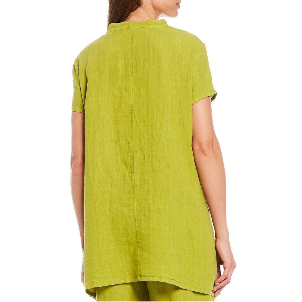 BRYN WALKER Willa LINEN Hi Low TUNIC Top Vireo Lime Green Button Front NEW $183 - Picture 3 of 9